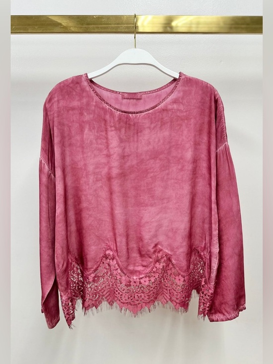 Milio Milano Tops - (235139/23239-WINE) LACE HEM VISCOSE CREW NECK LONG SLEEVE